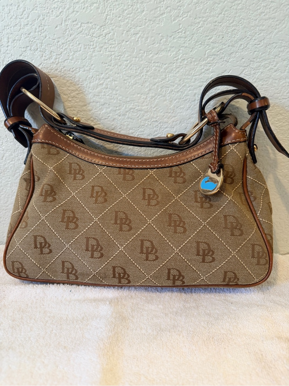 Dooney & Bourke Brown Monogram Canvas Shoulder Bag with Leather Trim